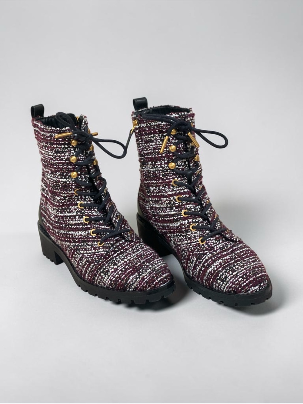 Tory Burch Burgundy Tweed Lace-Up Ankle Boots with Gold Hardware